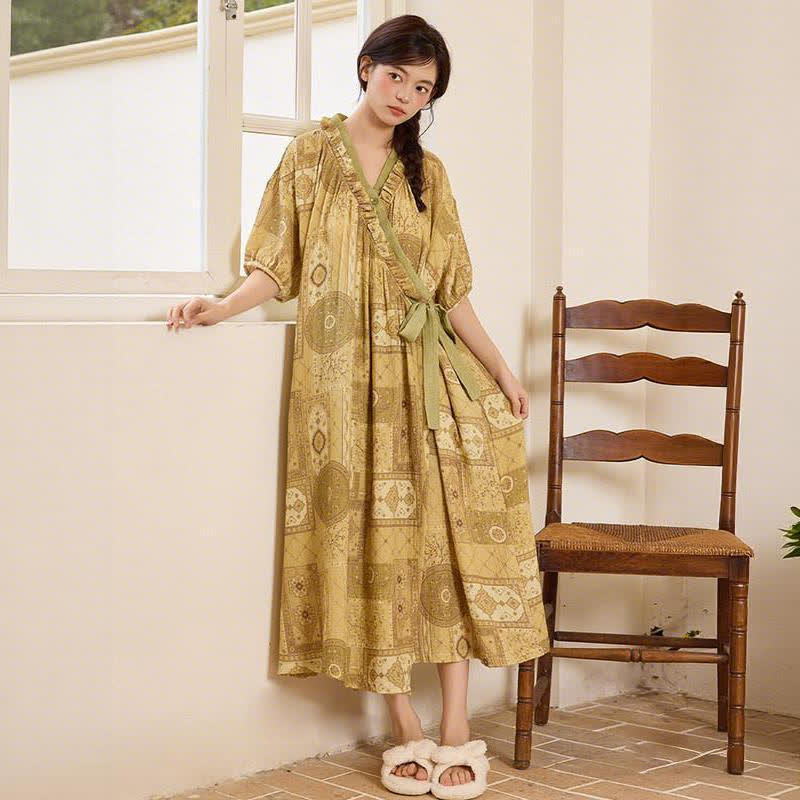 Ethnic Style Ruffled Collar Side-Tie Nightgown - image 4