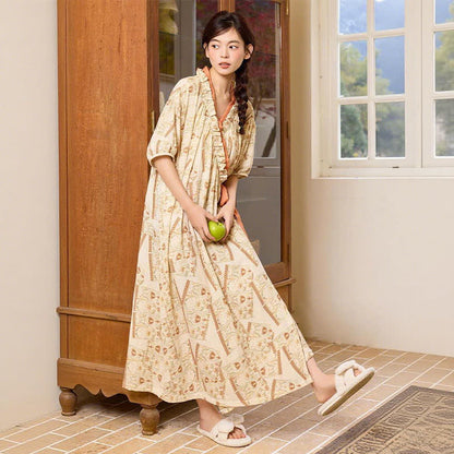 Vintage Pattern Ruffled Collar Side-Tie Nightgown - image 3