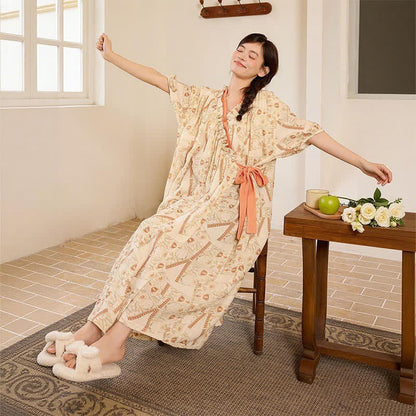 Vintage Pattern Ruffled Collar Side-Tie Nightgown - image 4