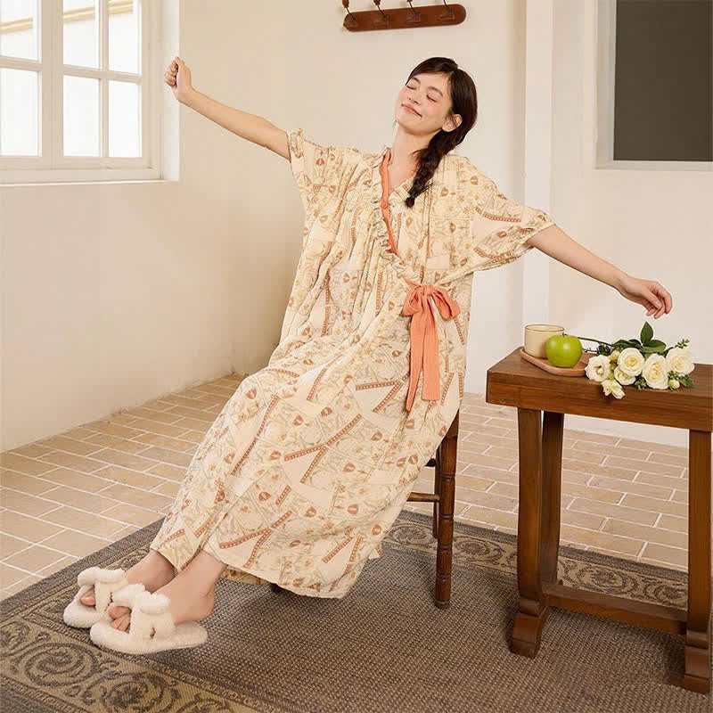 Vintage Pattern Ruffled Collar Side-Tie Nightgown - image 4