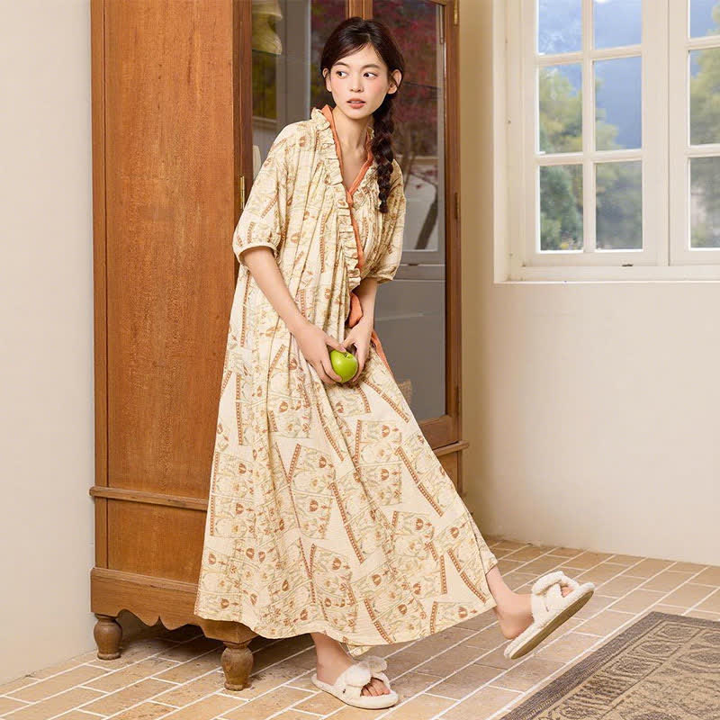 Vintage Pattern Ruffled Collar Side-Tie Nightgown - image 3