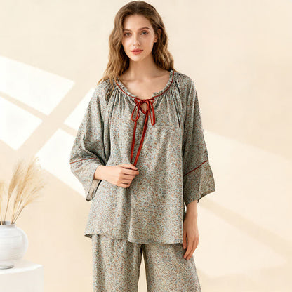 Green Floral Cotton Ruffled Loungewear Set - image 2