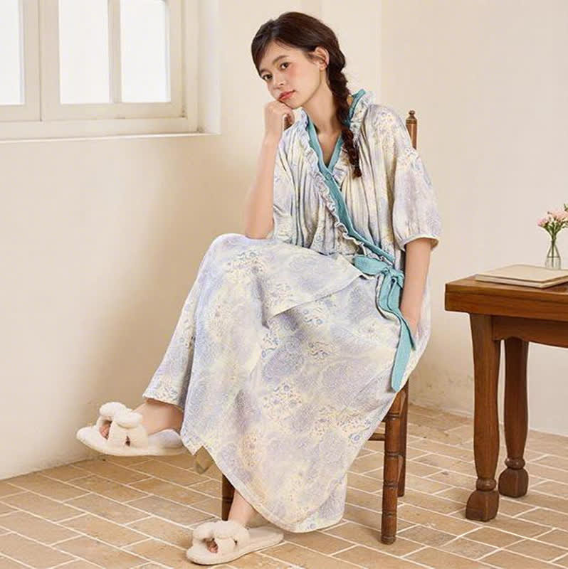 Artistic Vintage Ruffled Collar Side-Tie Nightgown - image 7