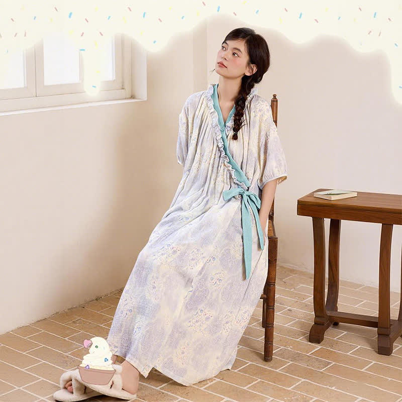 Artistic Vintage Ruffled Collar Side-Tie Nightgown - image 6