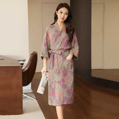 Floral Cotton Double Gauze Kimono Robe - Purple - XL - image 4