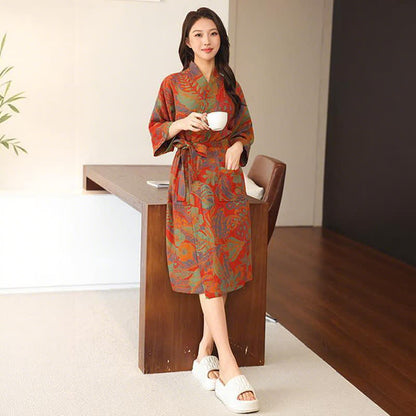 Floral Leaf Cotton Double Gauze Kimono Robe - image 2