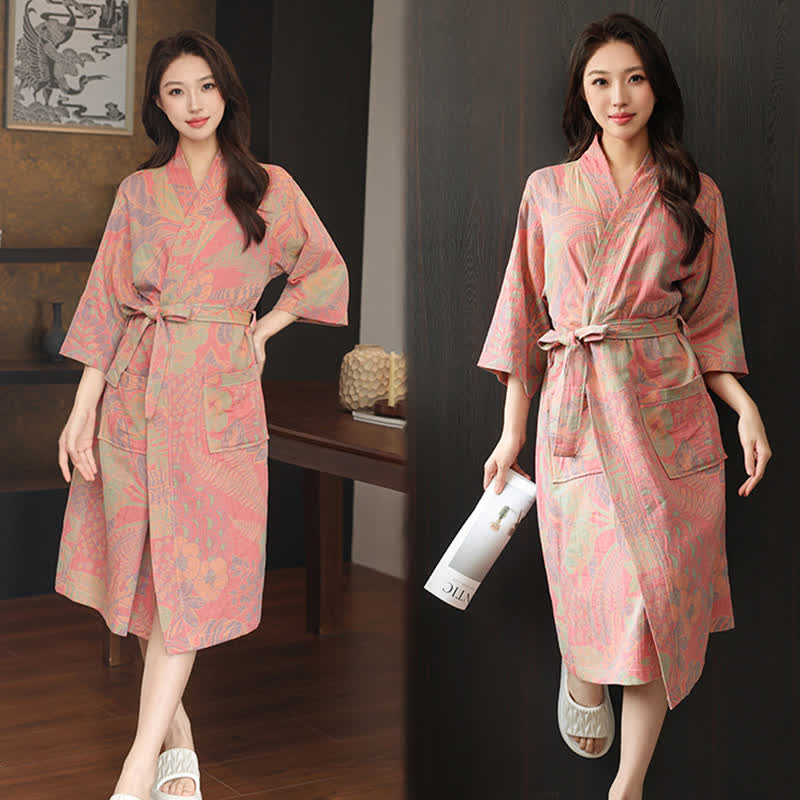 Floral Leaf Cotton Double Gauze Kimono Robe - image 4