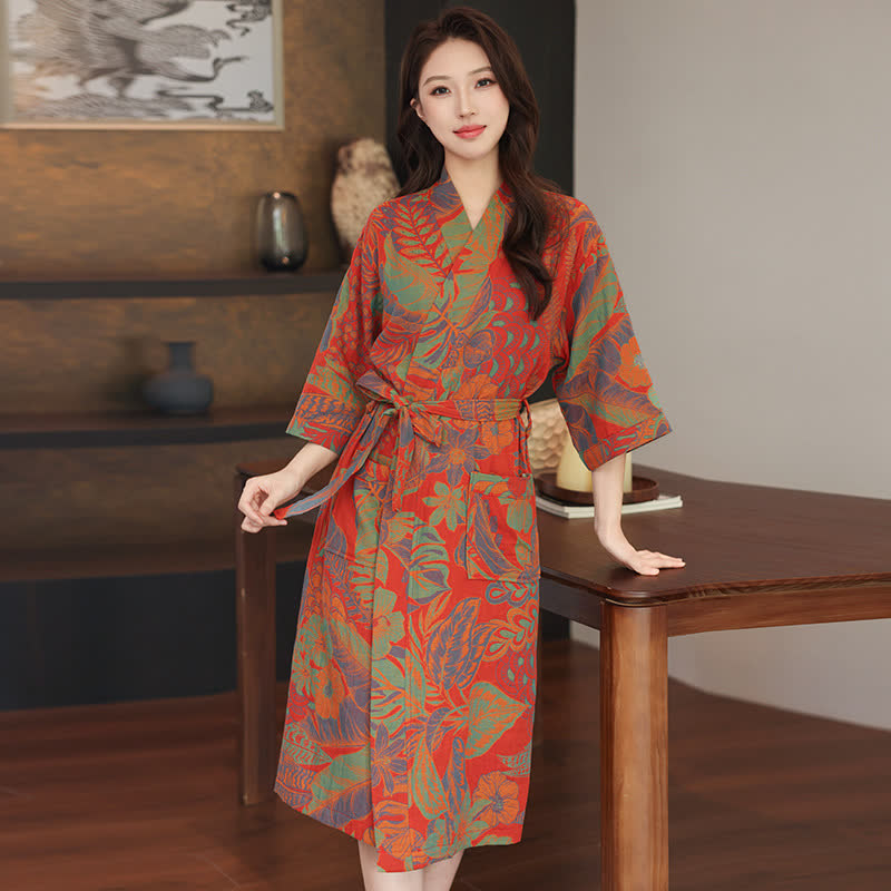 Floral Leaf Cotton Double Gauze Kimono Robe - Red - XL - image 0
