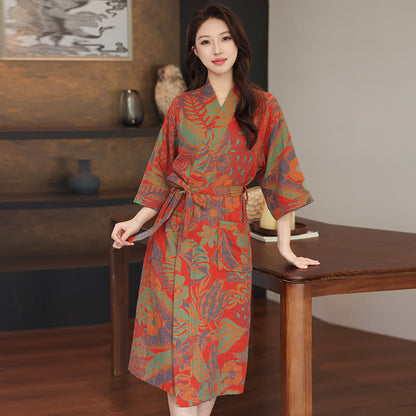 Floral Leaf Cotton Double Gauze Kimono Robe - Red - XL - image 0