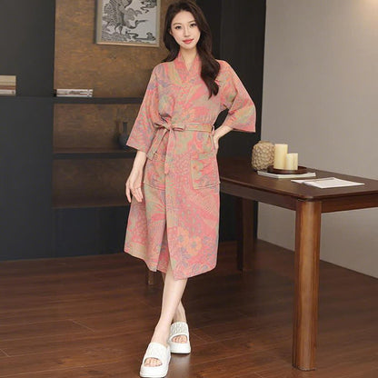 Floral Leaf Cotton Double Gauze Kimono Robe - Pink - XL - image 3
