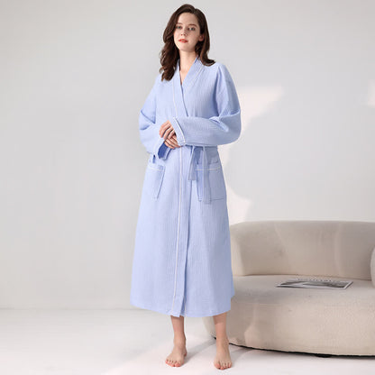 Minimalist Cotton Waffle Texture Bath Robe - Light Blue - XL - image 10