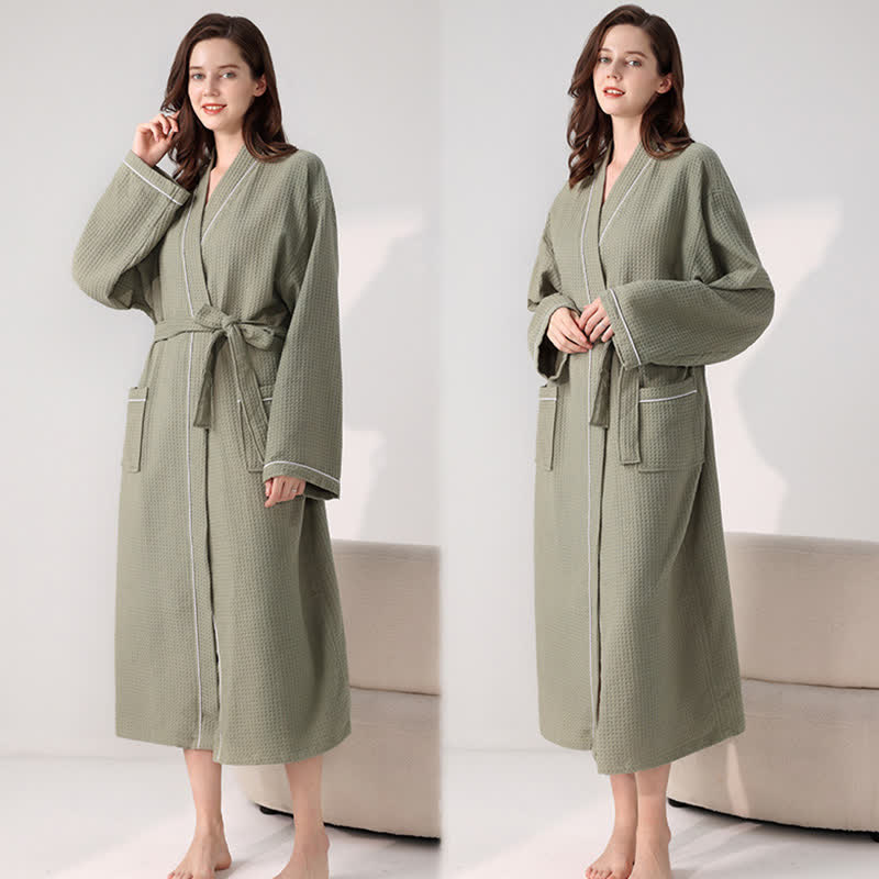 Minimalist Cotton Waffle Texture Bath Robe - Army Green - XL - image 15