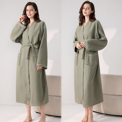 Minimalist Cotton Waffle Texture Bath Robe - Army Green - XL - image 15