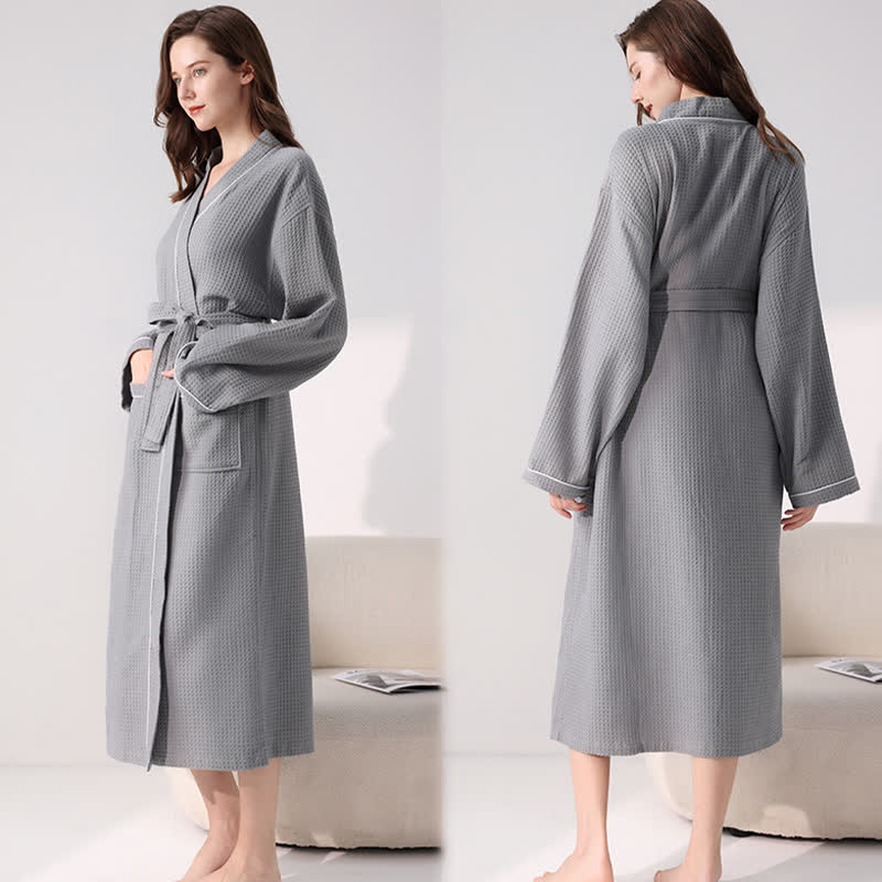 Minimalist Cotton Waffle Texture Bath Robe - Gray - XL - image 8