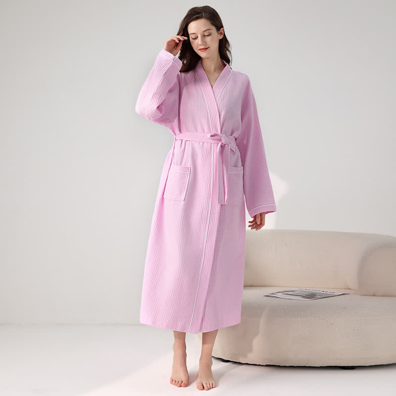 Minimalist Cotton Waffle Texture Bath Robe - Pink - XL - image 11