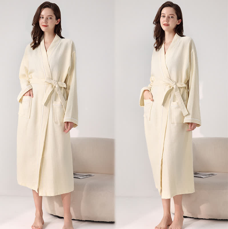 Minimalist Cotton Waffle Texture Bath Robe - Beige - XL - image 17