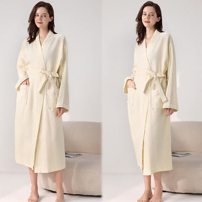 Minimalist Cotton Waffle Texture Bath Robe - Beige - XL - image 17