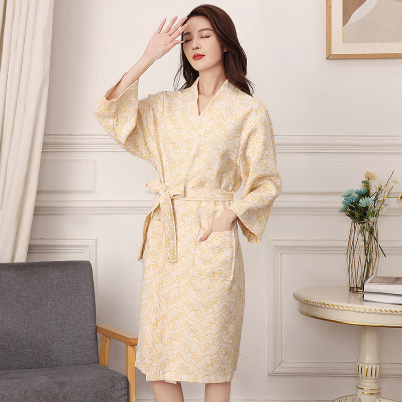 Abstract Pattern Pure Cotton Bath Robe - Yellow - XXL - image 8