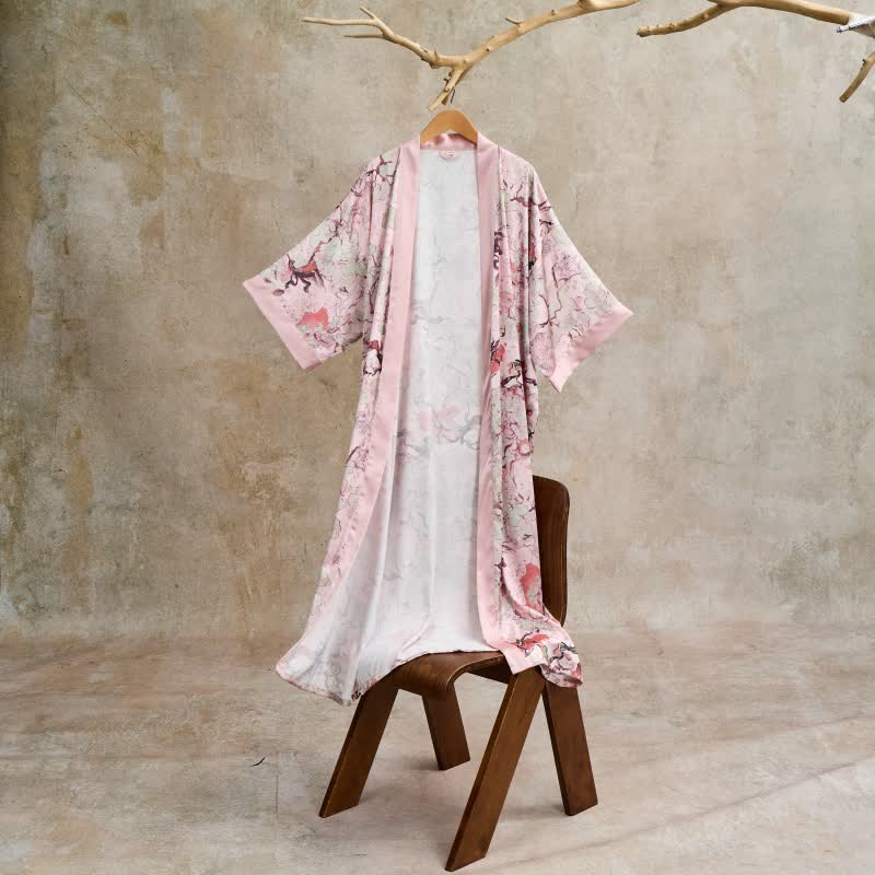 Oriental Pink Floral Kimono Style Bathrobe - Pink - One Size - image 0