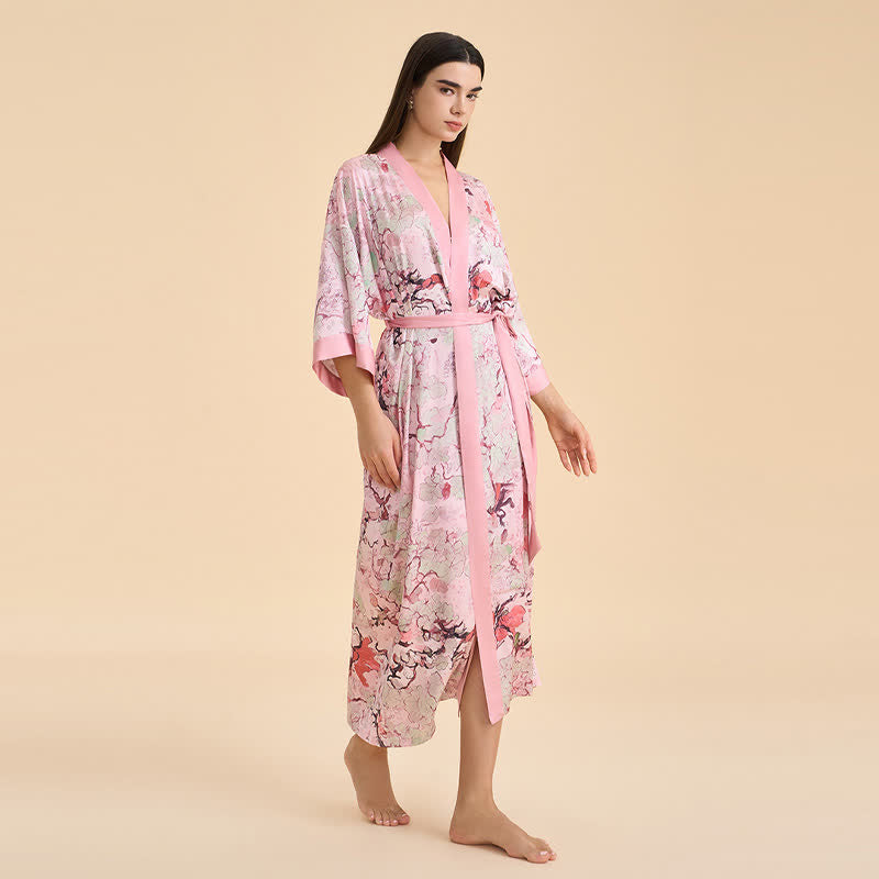 Valentine's Day Oriental Pink Floral Kimono Style Bathrobe - image 3