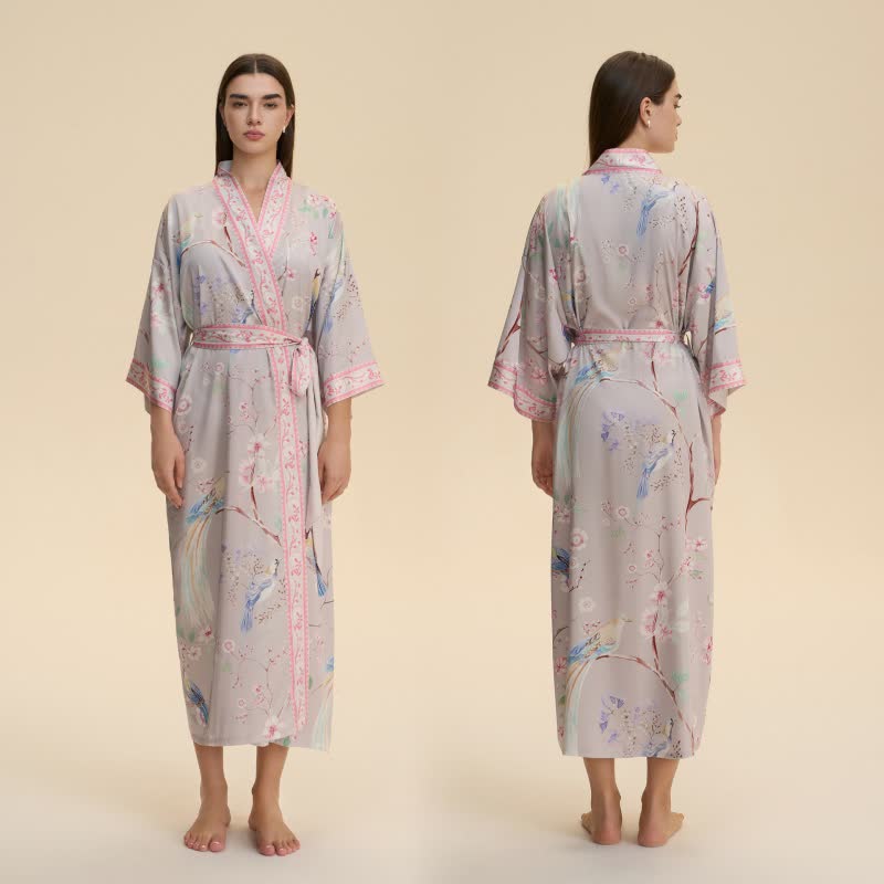 Paradise Florals  Peach Blossom & Bird Kimono Style Bathrobe - image 2