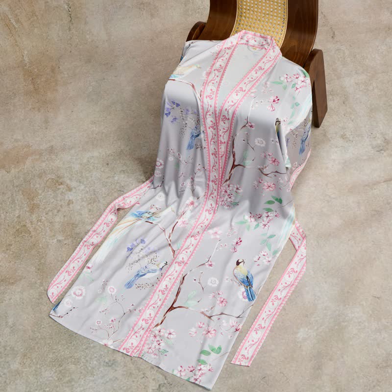 Paradise Florals  Peach Blossom & Bird Kimono Style Bathrobe - image 4