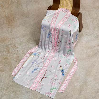 Paradise Florals  Peach Blossom & Bird Kimono Style Bathrobe - image 4