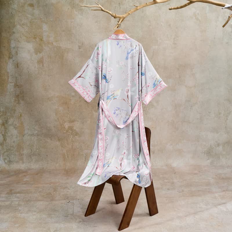 Paradise Florals  Peach Blossom & Bird Kimono Style Bathrobe - image 3