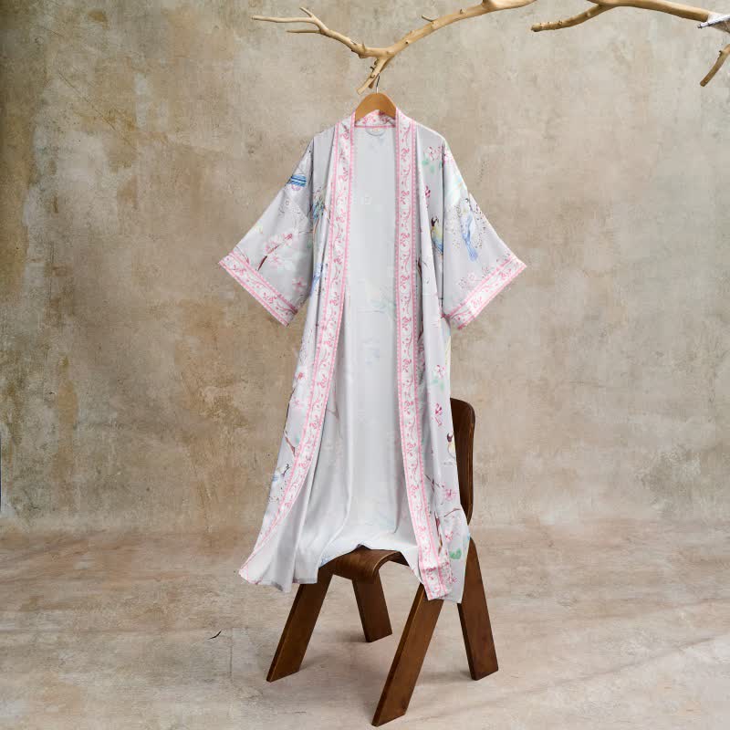 Paradise Florals  Peach Blossom & Bird Kimono Style Bathrobe - Gray - One Size - image 1