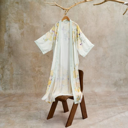 Oriental Yellow Floral Kimono Style Bathrobe - image 2