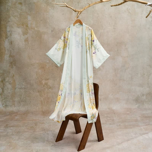 Oriental Yellow Floral Kimono Style Bathrobe - Beige - One Size - image 0