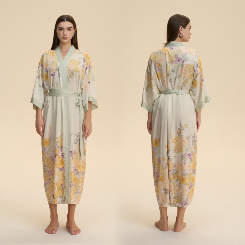 Dreamy Delilah Oriental Yellow Floral Kimono Style Bathrobe - image 2