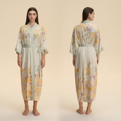 Dreamy Delilah Oriental Yellow Floral Kimono Style Bathrobe - image 2