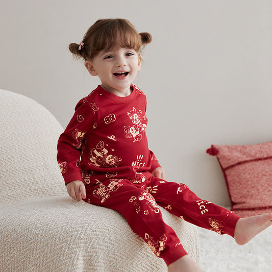 Festive Pony Cotton Kids Loungewear Set - Red - Child:130cm - image 0