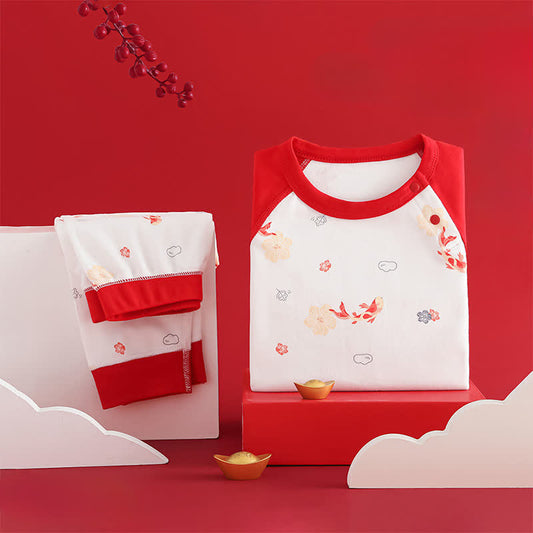 Koi & Floral Cotton Kids Loungewear Set - Red - Child:130cm - image 0