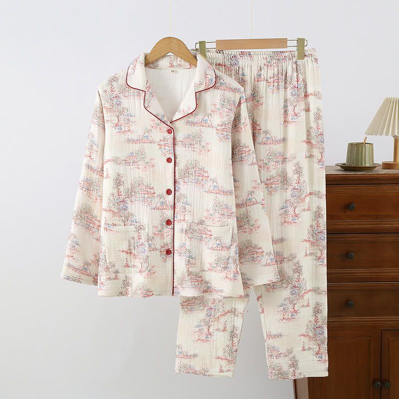 Oriental Artistic Tree Cotton Gauze Loungewear - Beige - Lapel-neck - XL - image 0