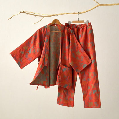 Ownkoti Ginkgo Cotton Gauze Kimono Loungewear Set - Orange Red - XL - image 2
