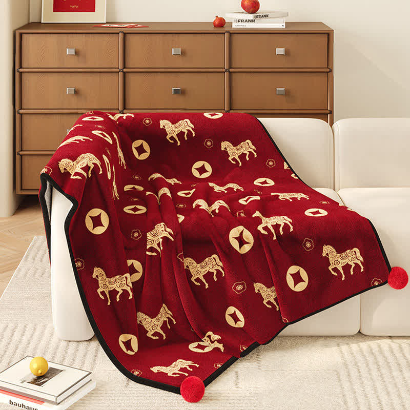Year of the Horse Prosperity Fleece Throw - Red - 59"W x 79"L - image 0