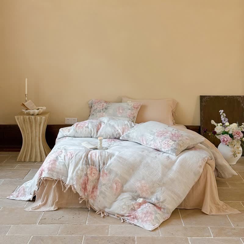 Elegant Peony Cotton Tie-Closure Bedding Set(4PCS) - Pink & Blue - King - image 2
