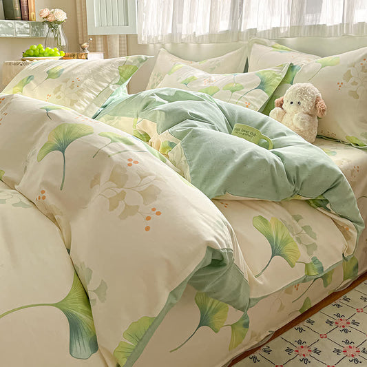 Fresh Green Ginkgo Leaf Cotton Bedding Set(4PCS) - Bedding Set - King - image 0