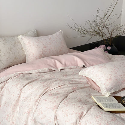 Vintage Subtle Leaf Cotton Gauze Bedding Set(4PCS) - Pink - King - image 6