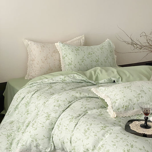 Vintage Subtle Leaf Cotton Gauze Bedding Set(4PCS) - Green - King - image 0
