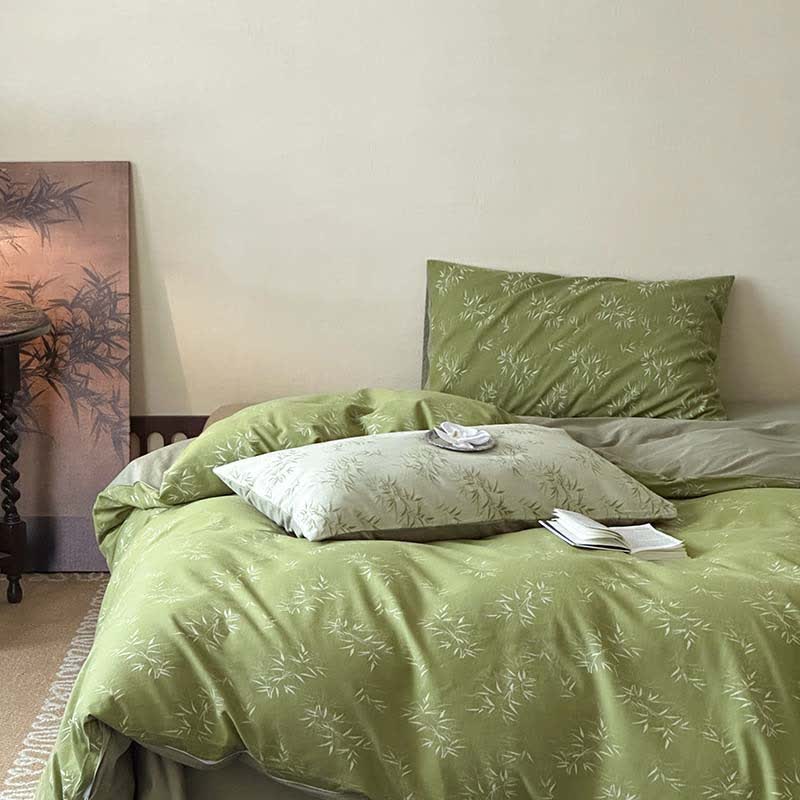 Oriental Bamboo Leaf Jacquard Cotton Bedding Set(4PCS) - Dark Green - King - image 9