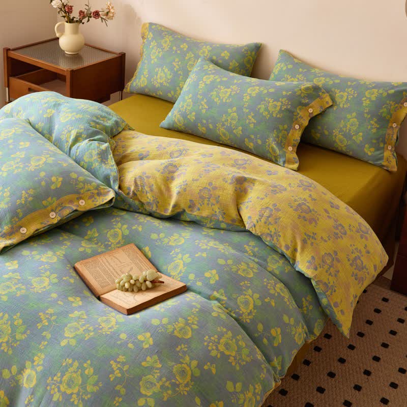 Green & Yellow Rose Cotton Gauze Bedding - image 2