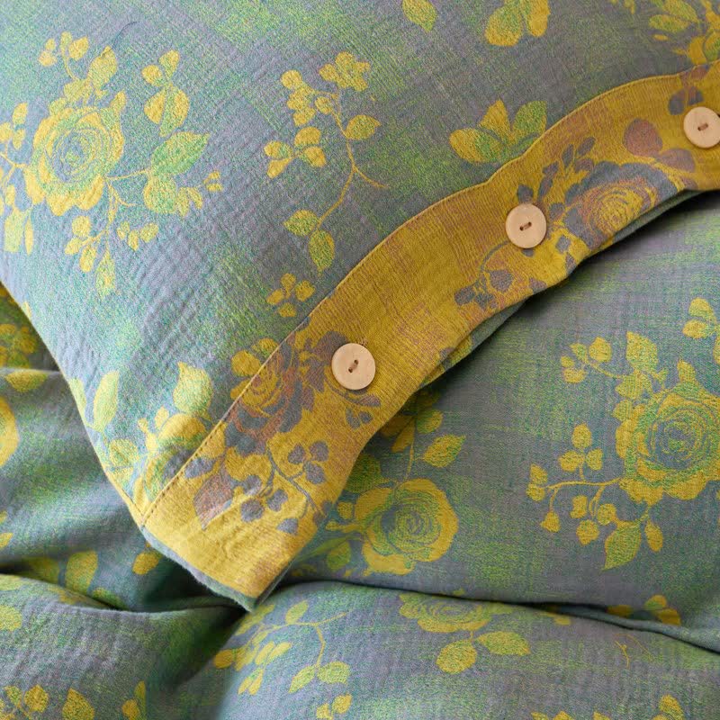 Green & Yellow Rose Cotton Gauze Bedding - image 9