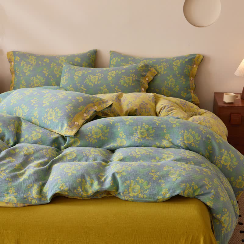 Green & Yellow Rose Cotton Gauze Bedding - image 3