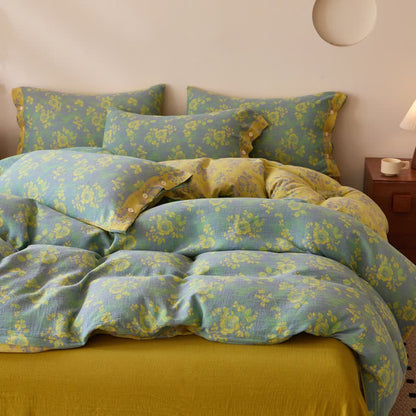 Green & Yellow Rose Cotton Gauze Bedding - image 3