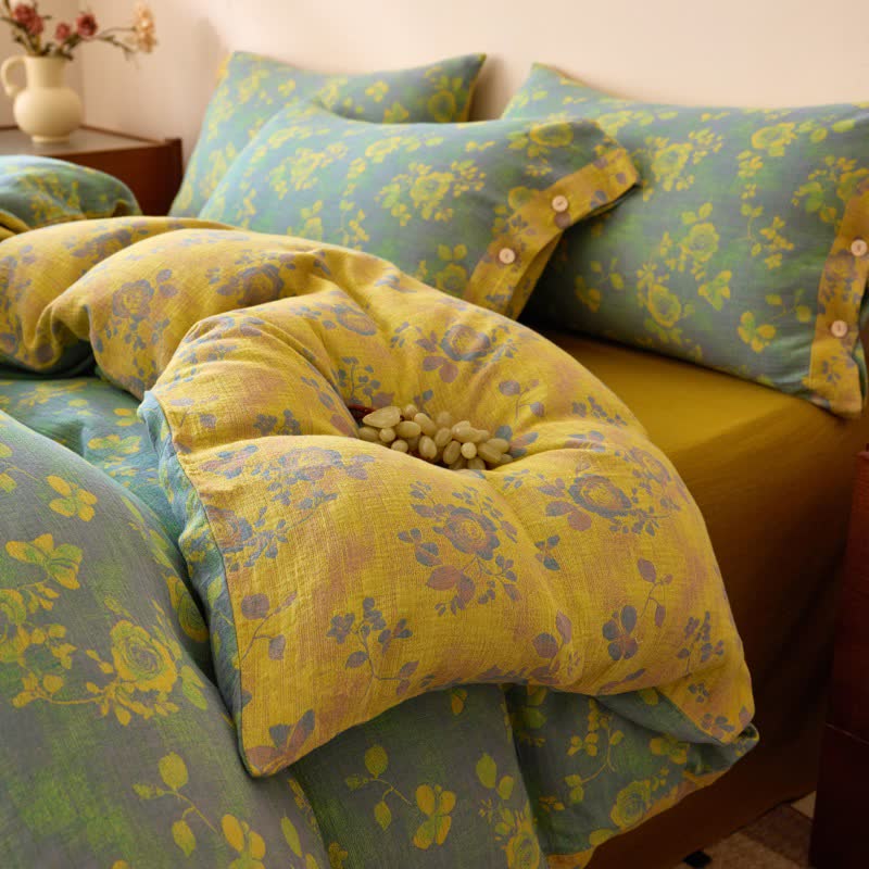 Green & Yellow Rose Cotton Gauze Bedding - image 5