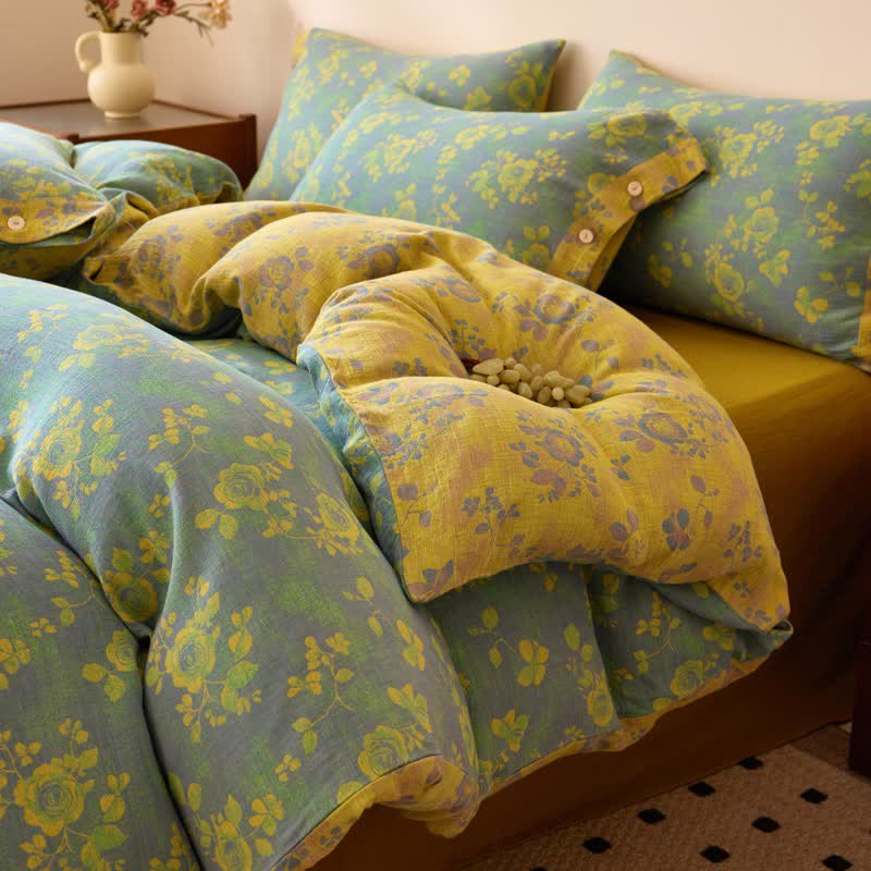 Green & Yellow Rose Cotton Gauze Bedding - Bedding Set - King - image 0