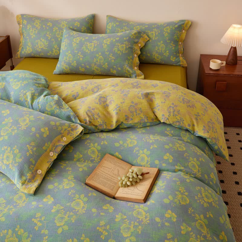 Green & Yellow Rose Cotton Gauze Bedding - image 4
